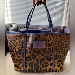 Dolce & Gabbana Leopard Print Tote Bag Leather Preloved Beautiful Purple Trim